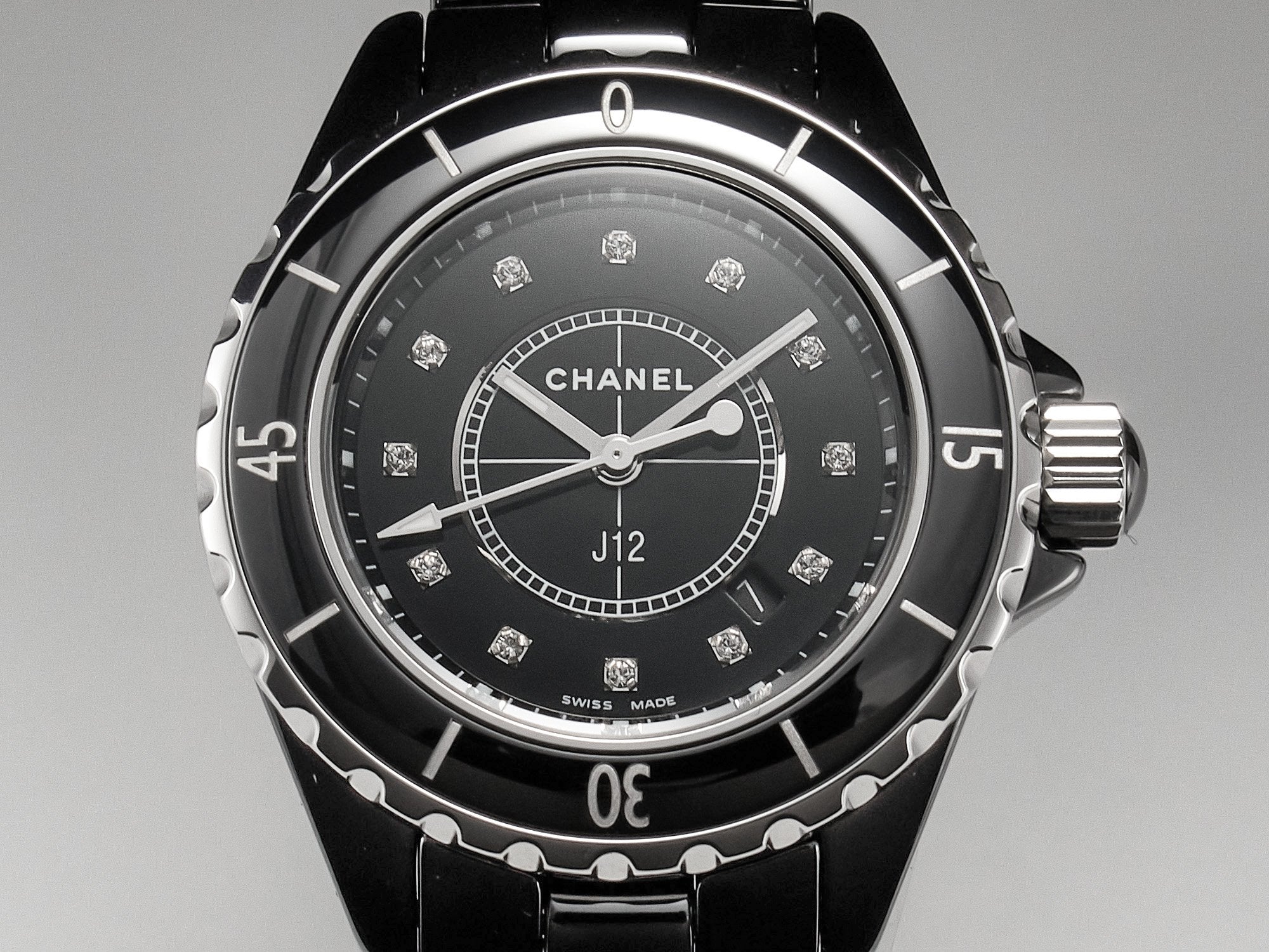 CHANEL J12 Date Quartz Black Ceramic Diamond Numerals Black Dial