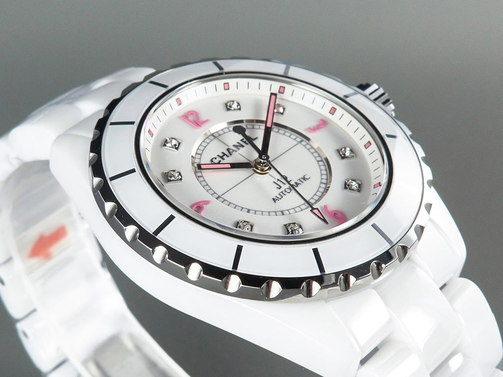 CHANEL J12 Automatic White Ceramic Pink Diamond Numerals White Dial