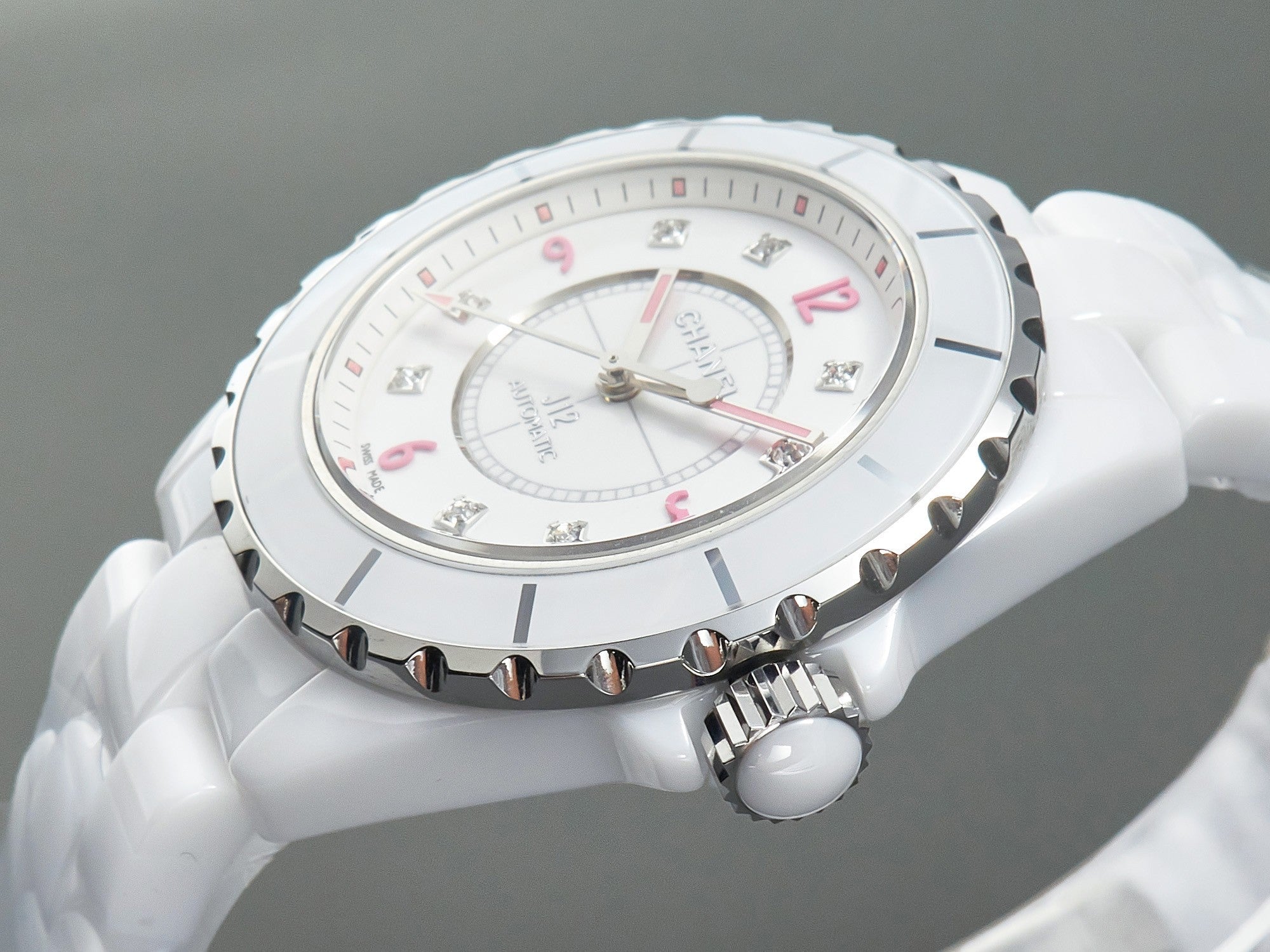 CHANEL J12 Automatic White Ceramic Pink Diamond Numerals White Dial