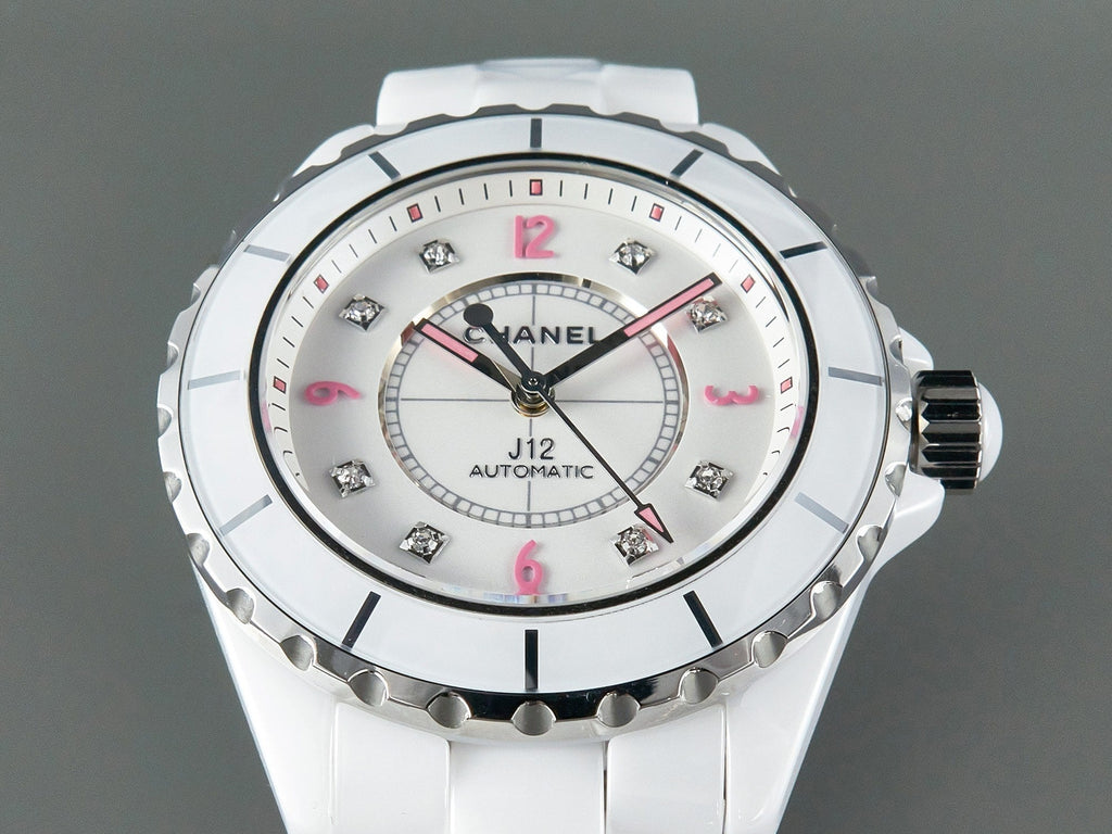 CHANEL J12 Automatic White Ceramic Pink Diamond Numerals White Dial