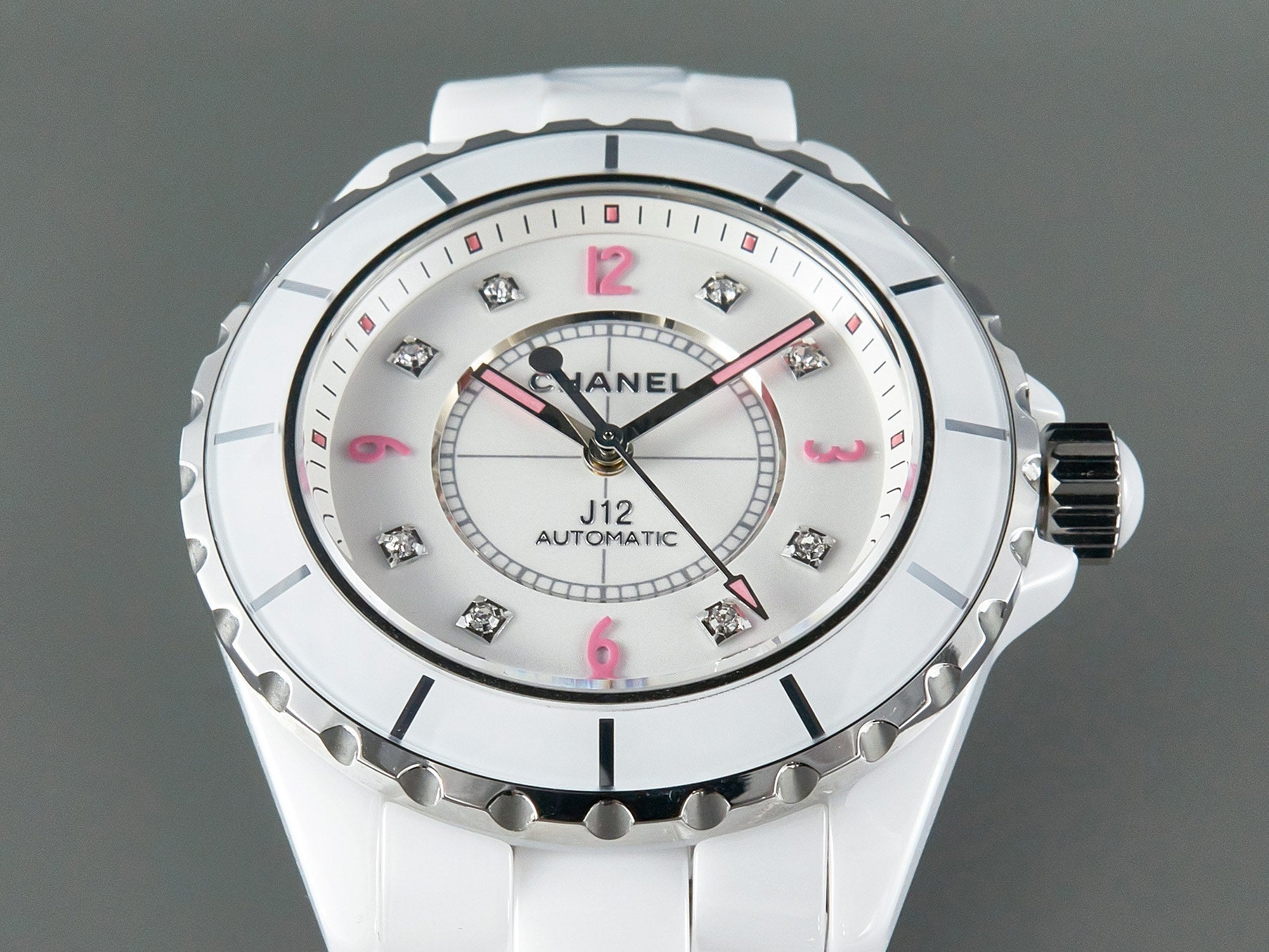 CHANEL J12 Automatic White Ceramic Pink Diamond Numerals White Dial