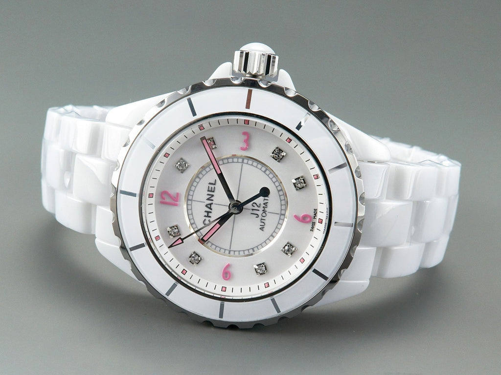 CHANEL J12 Automatic White Ceramic Pink Diamond Numerals White Dial