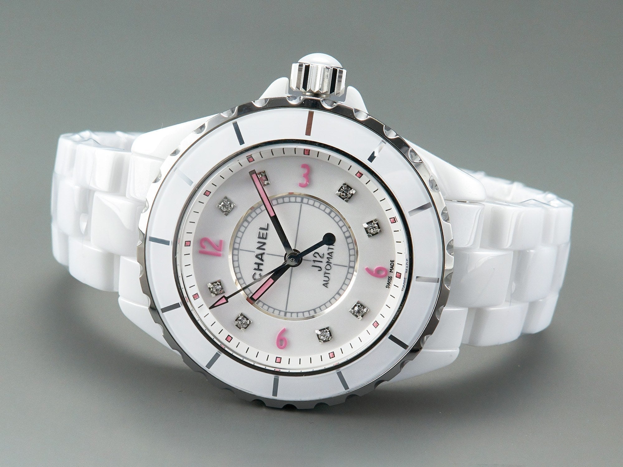 CHANEL J12 Automatic White Ceramic Pink Diamond Numerals White Dial