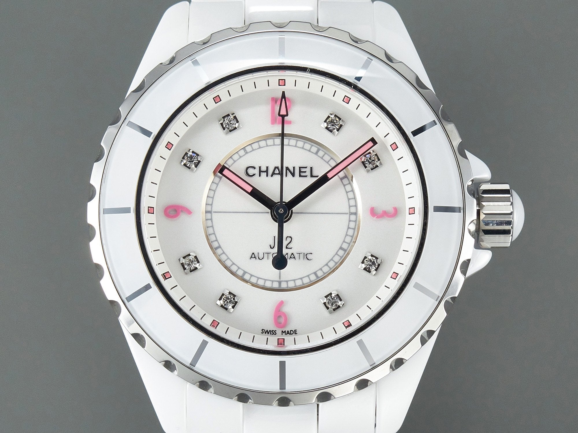 CHANEL J12 Automatic White Ceramic Pink Diamond Numerals White Dial
