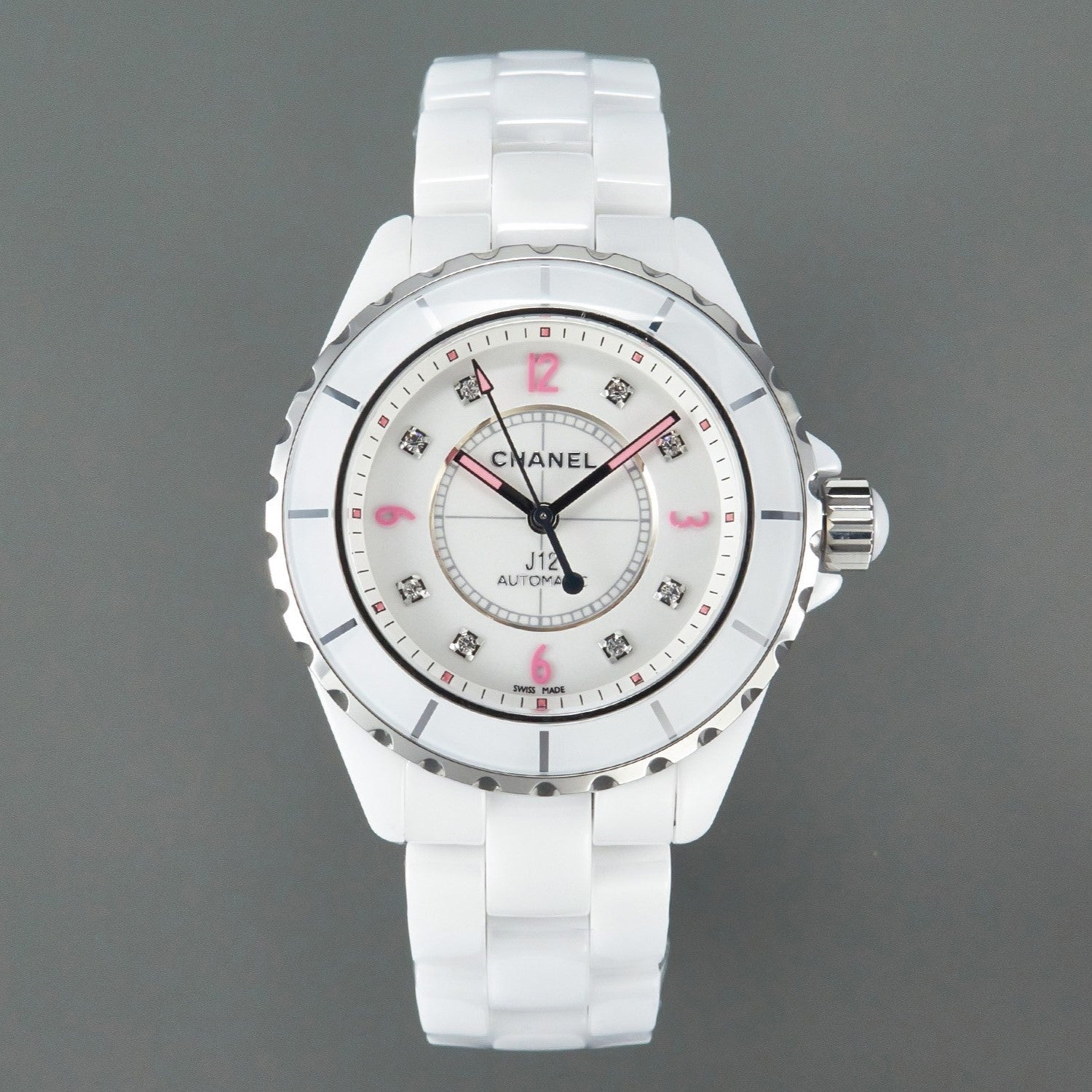 CHANEL J12 Automatic White Ceramic Pink Diamond Numerals White Dial