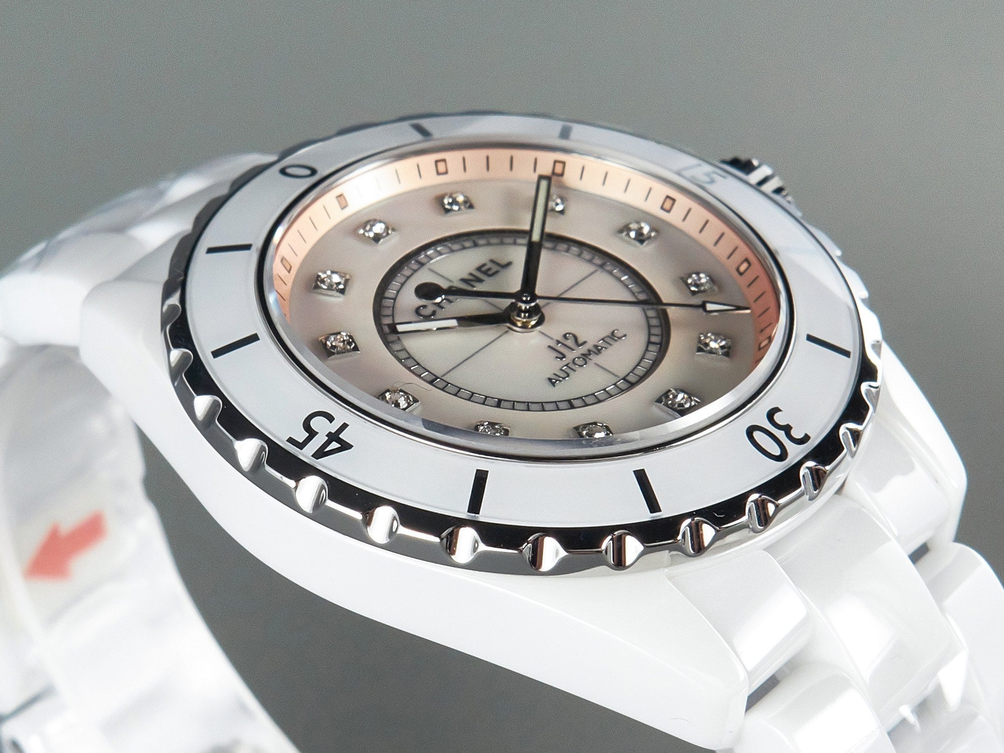 CHANEL J12 Automatic White Ceramic Diamond Numerals Pink Mop Dial