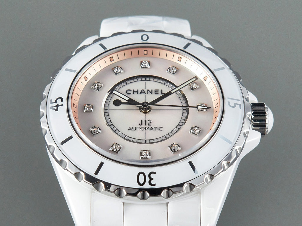 CHANEL J12 Automatic White Ceramic Diamond Numerals Pink Mop Dial