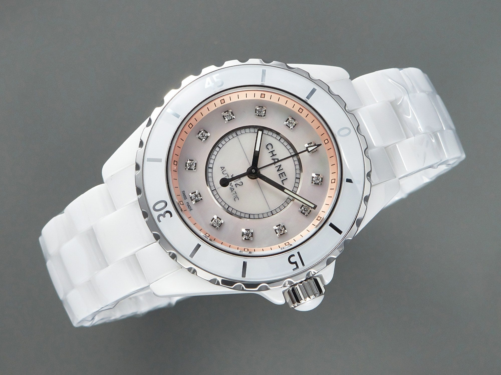 CHANEL J12 Automatic White Ceramic Diamond Numerals Pink Mop Dial