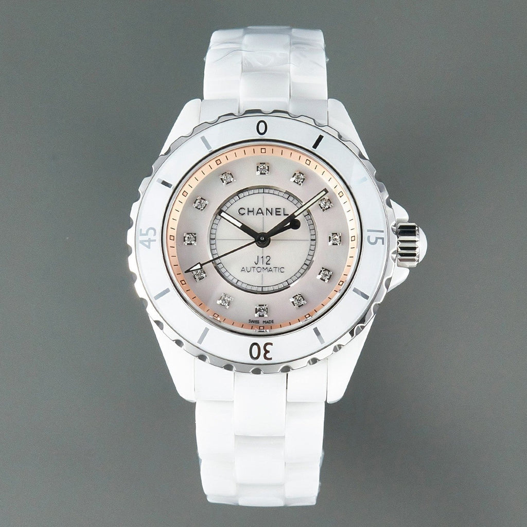 CHANEL J12 Automatic White Ceramic Diamond Numerals Pink Mop Dial