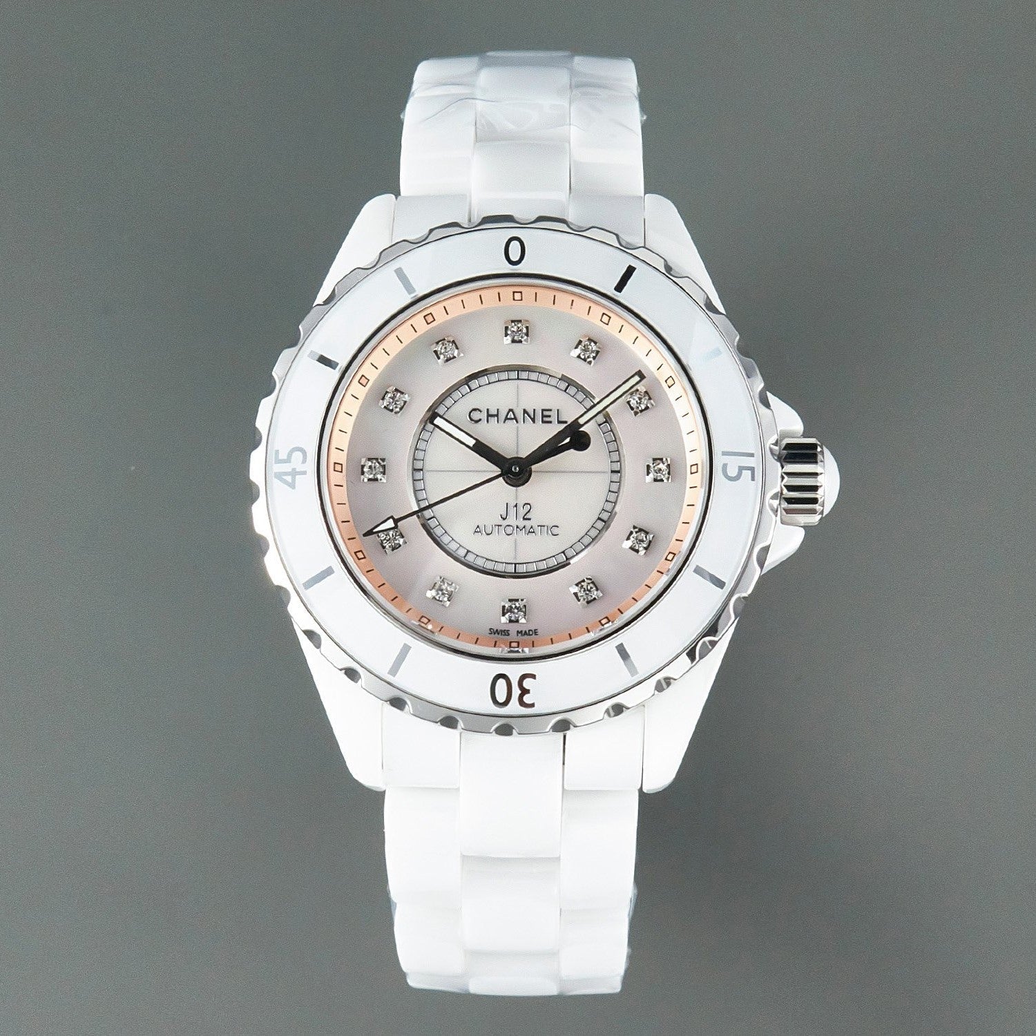 CHANEL J12 Automatic White Ceramic Diamond Numerals Pink Mop Dial