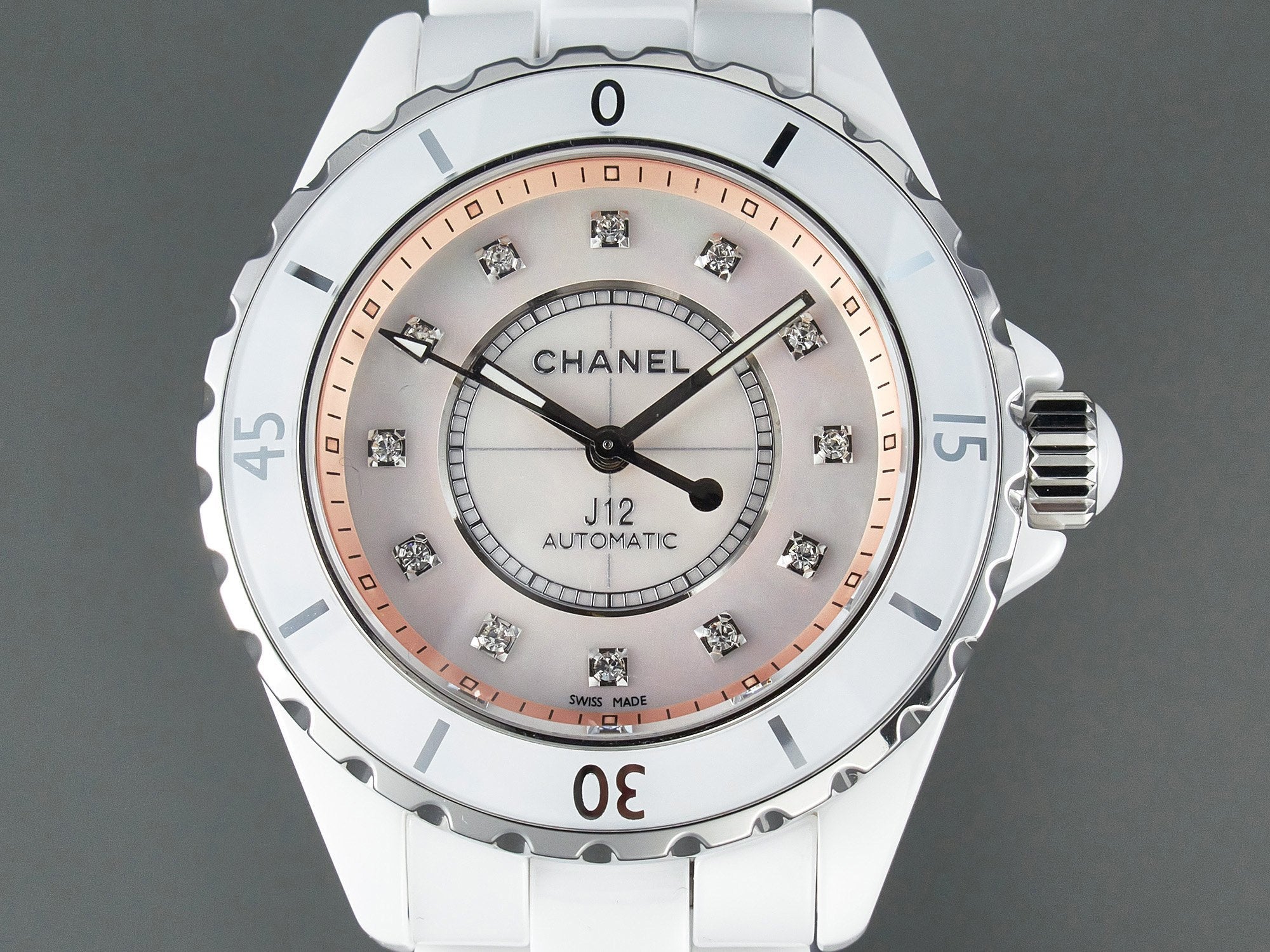CHANEL J12 Automatic White Ceramic Diamond Numerals Pink Mop Dial