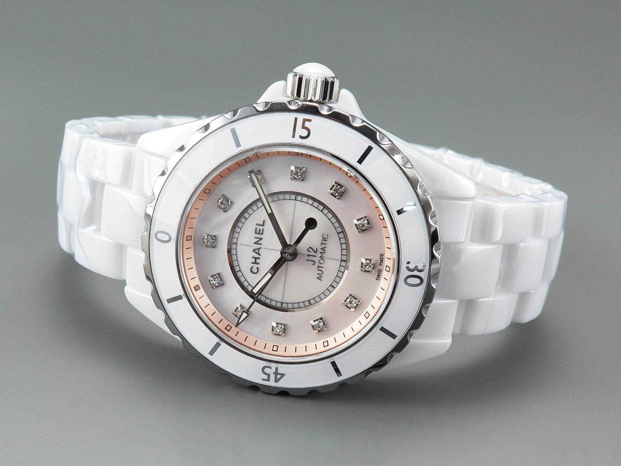 CHANEL J12 Automatic White Ceramic Diamond Numerals Pink Mop Dial