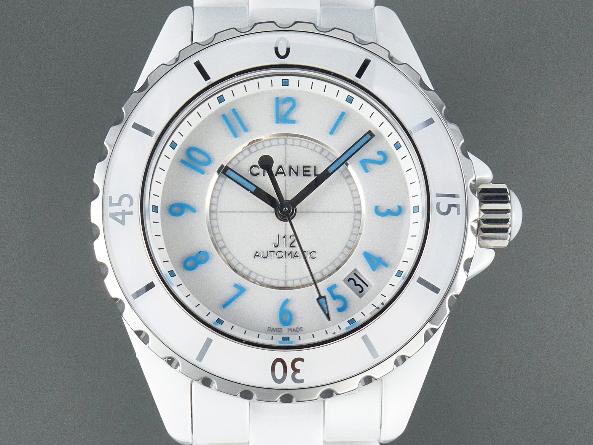 CHANEL J12 Date Automatic White Ceramic Blue Numerals White Dial