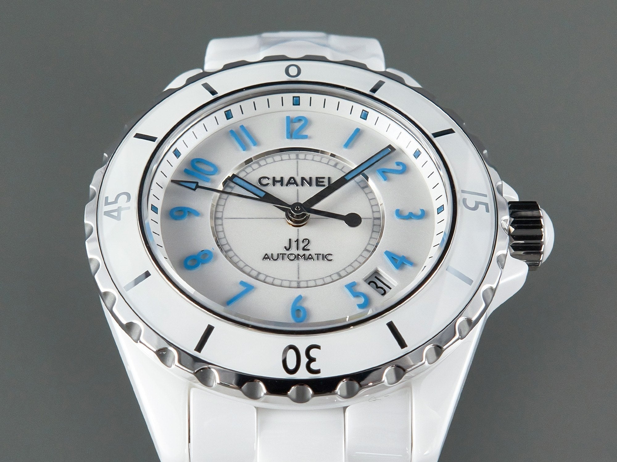 CHANEL J12 Date Automatic White Ceramic Blue Numerals White Dial