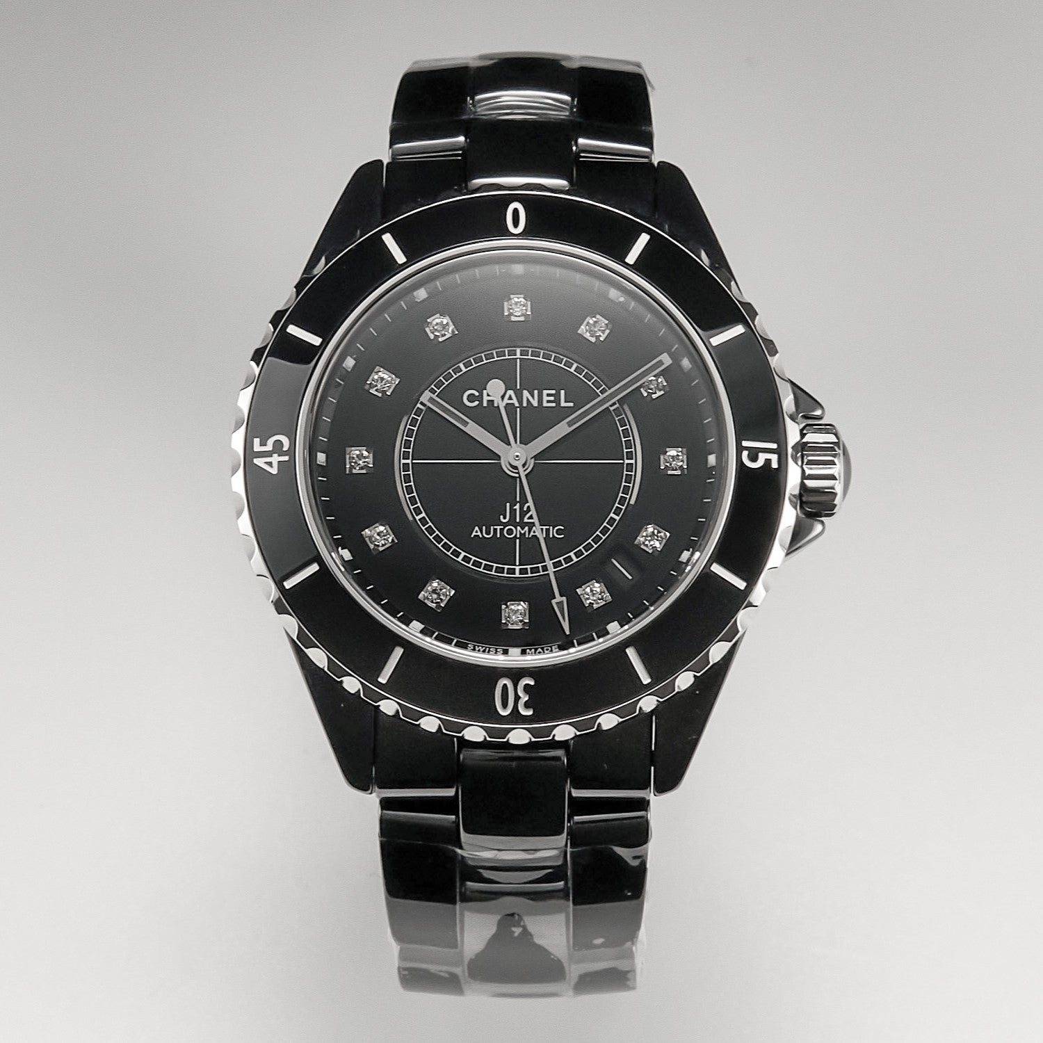 CHANEL J12 Date Automatic Black Ceramic Diamond Numerals Black Dial Black Steel Hands