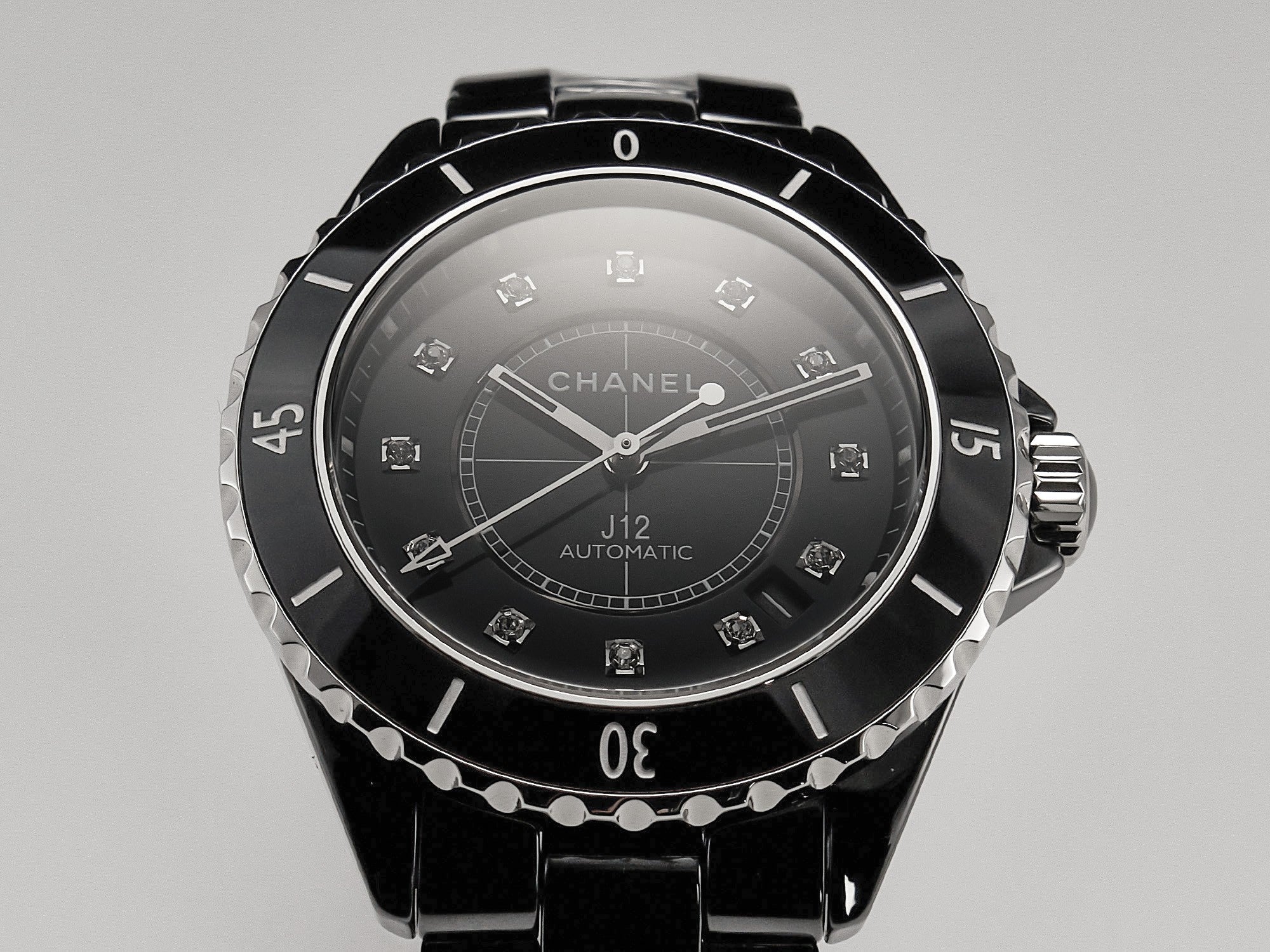 CHANEL J12 Date Automatic Black Ceramic Diamond Numerals Black Dial Black Steel Hands