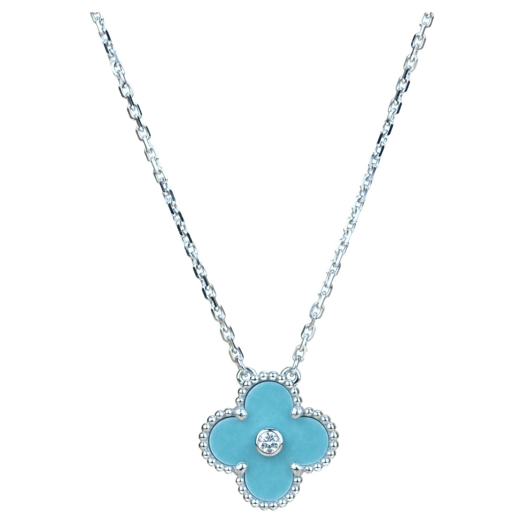 VCA CLOVER 15MM DIAMOND SVRES PORCELAIN NECKLACE SILVER