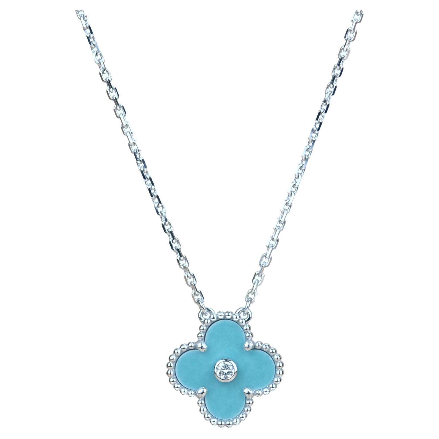 VCA CLOVER 15MM DIAMOND SVRES PORCELAIN NECKLACE SILVER