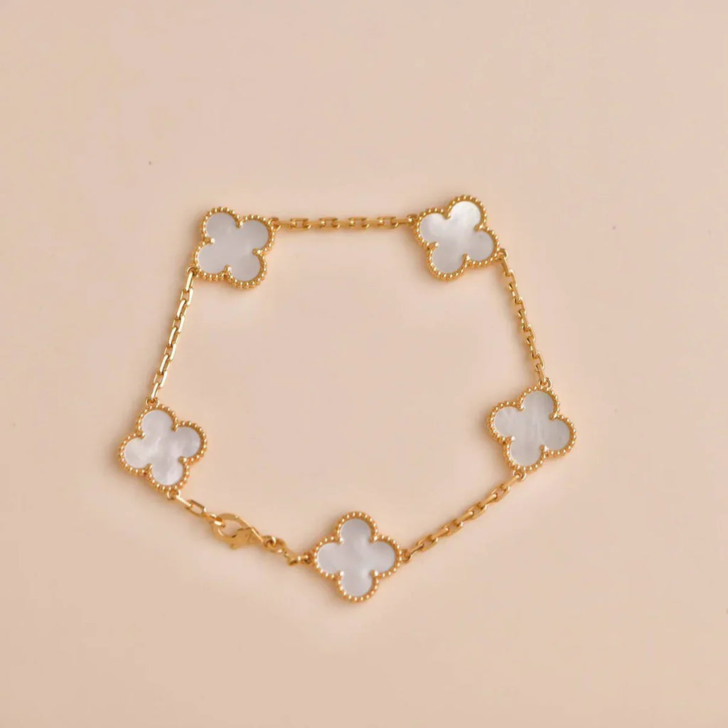 VCA CLOVER WHITE PEARL MOP 5 MOTIF BRACELET COLLECTION