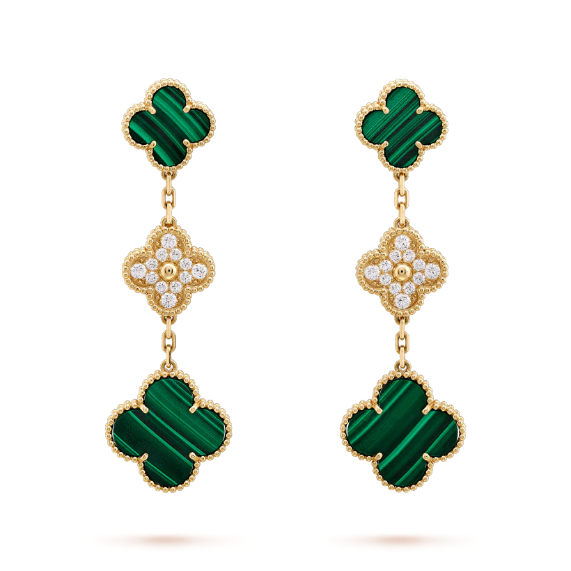 VCA CLOVER EARRINGS GOLD MALACHITE DIAMOND 3 MOTIF