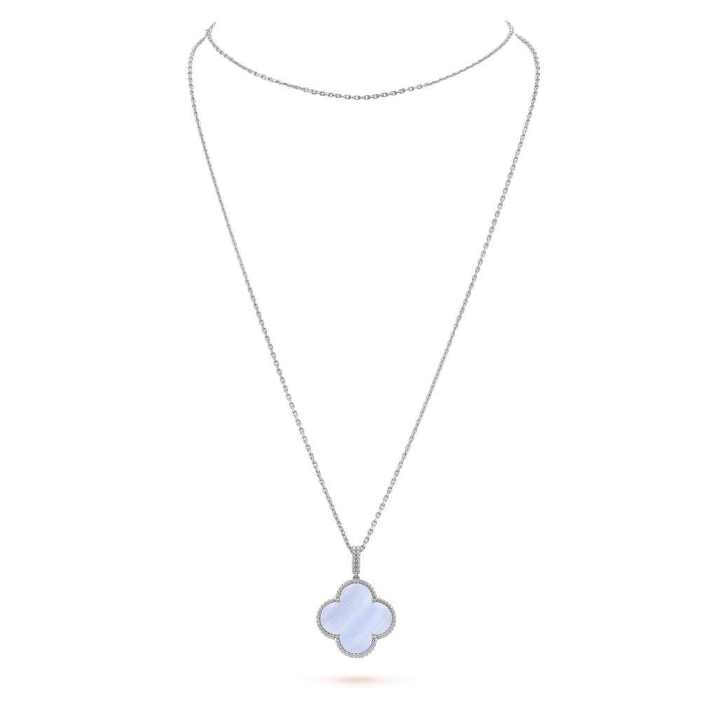VCA CLOVER SILVER CHALCEDONY BIG CLOVER NECKLACE