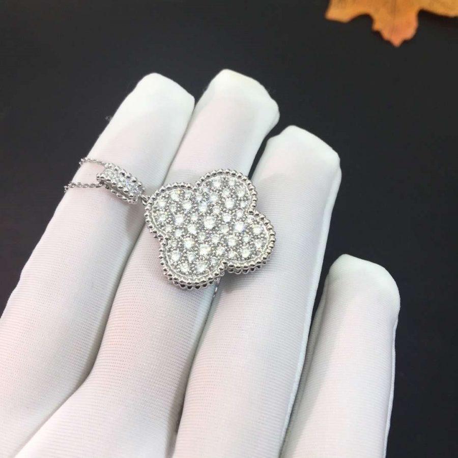 VCA CLOVER 25MM SILVER FULL DIAMOND BIG CLOVER NECKLACE