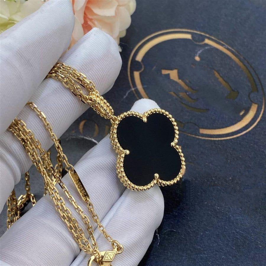 VCA CLOVER 25MM GOLD ONYX BIG CLOVER NECKLACE