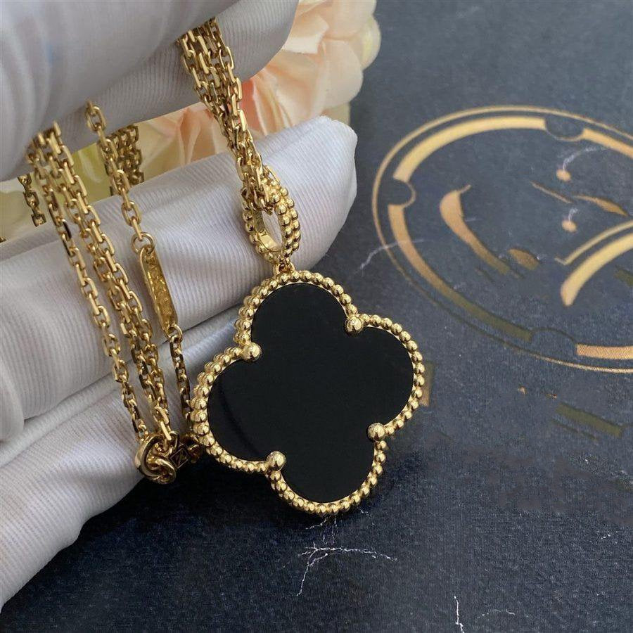 VCA CLOVER 25MM GOLD ONYX BIG CLOVER NECKLACE
