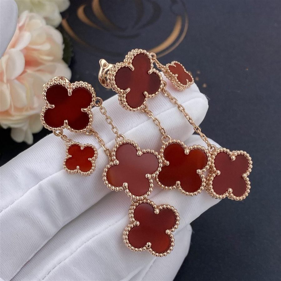 VCA CLOVER EARRINGS CARNELIAN 4 MOTIFS PINK GOLD