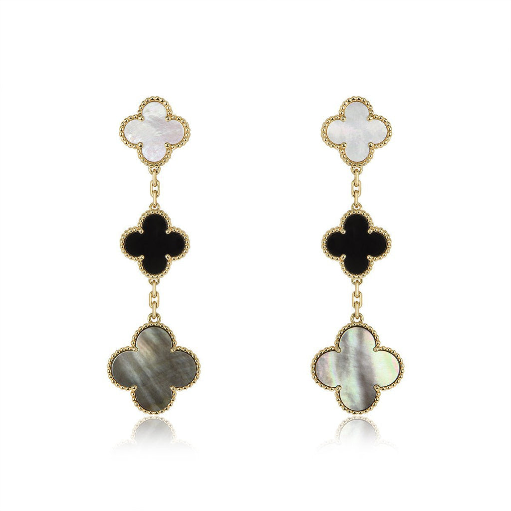 VCA CLOVER EARRINGS GOLD ONYX MOP 3 MOTIF